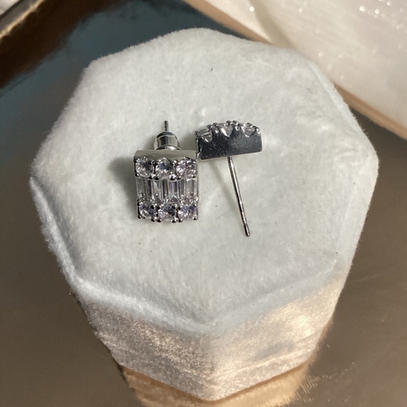 Luxurious Square Baguette & Round  cut Zircon Halo  Post back Earrings